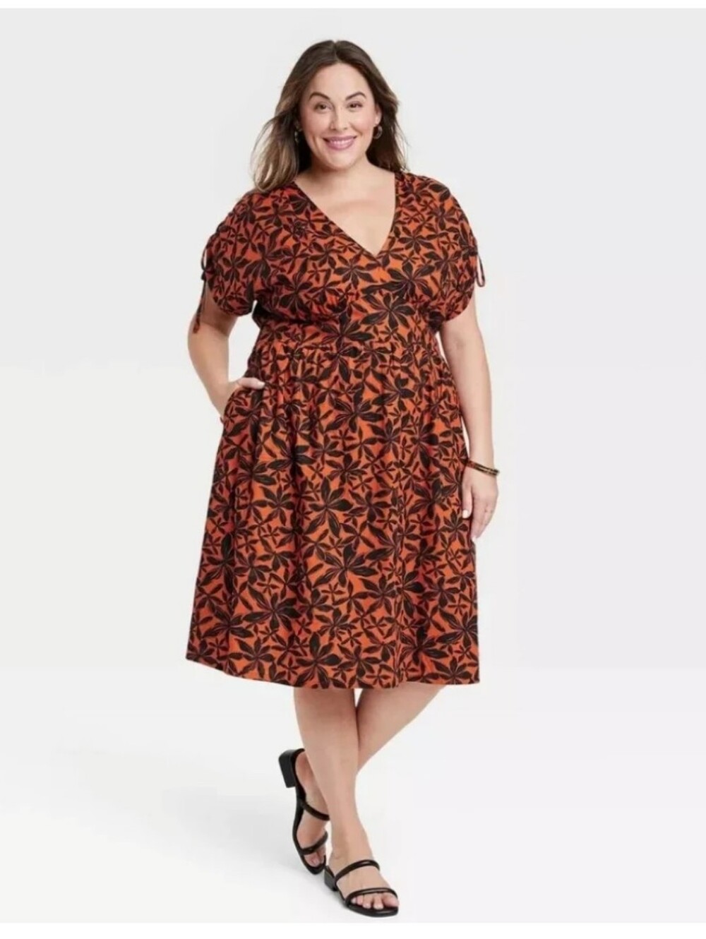 Ava & Viv Orange and Black Floral V-Neck Midi Dress